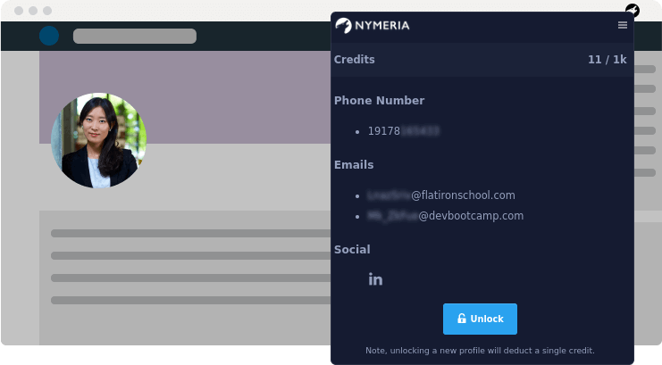 Nymeria's browser extension displaying contact data